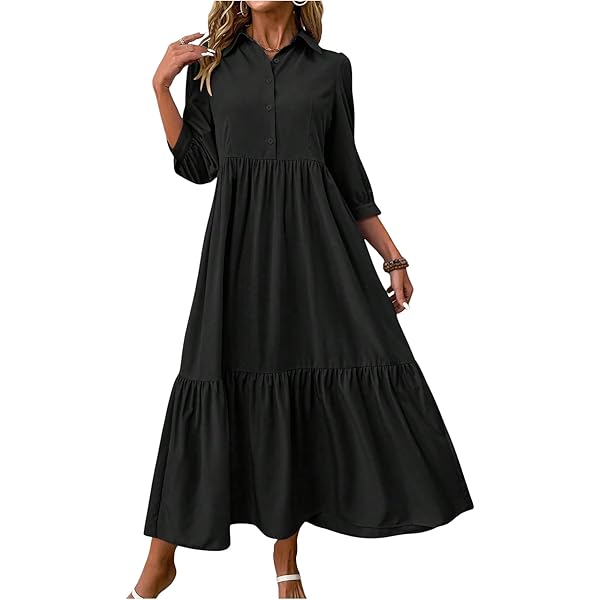Women A-Line Loose Fit O-Neck Mid-Calf Dress Spring Summer Casual Wear  Black at Amazon Women's Clothing store