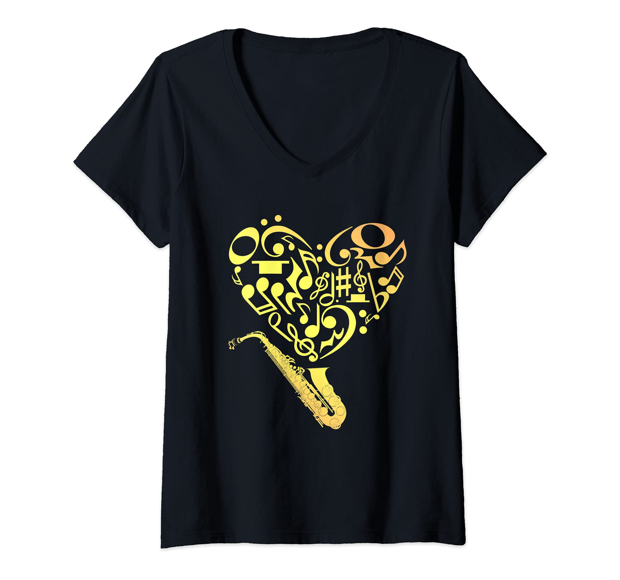 Womens Heart Sax Player Musical Instrument Saxophonist Saxophone V-Neck T-Shirt