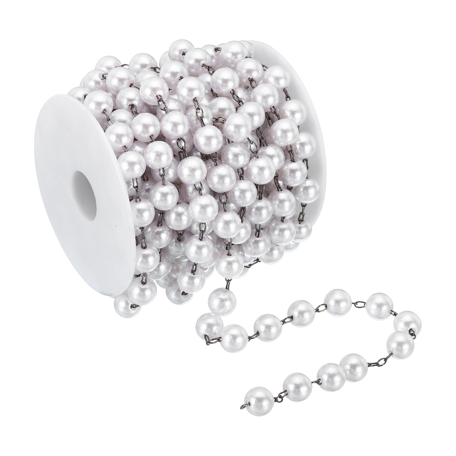 PATIKIL 5m/16 Feet Faux Pearl Beading Chain with Spool, 10mm Brass Chain Link for Decoration Making DIY Accessories Style 1, Dark Silver