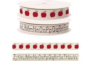 CHMOART 2 Pcs × 5 Yards Alphabet Letters Apples Ribbon for Crafting Sewing, 3/5 Inch Herringbone Natural Cotton Ribbons for Gift Wrapping, Back to School Ribbons for Hair Bow Accessories