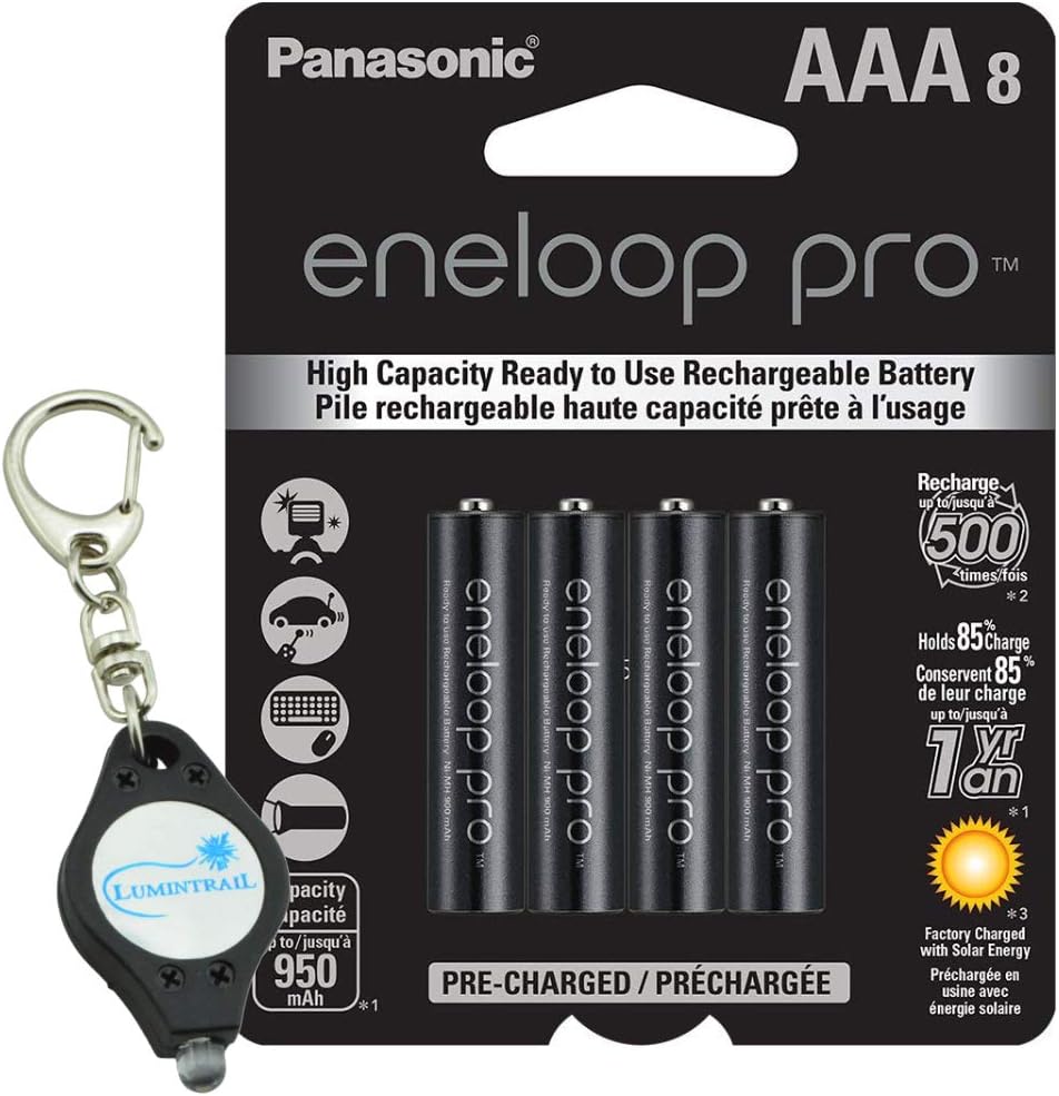Panasonic eneloop pro AAA Rechargeable Batteries High Capactiy Ni-NH Pre-Charged, 8 Pack Bundle with a Lumintrail Keychain Light