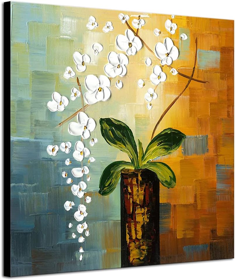 Paintings - Wieco Art Beauty of Life Floral Oil Paintings on Canvas Wall Art Large Modern 100% Hand Painted Abstract White Flowers Stretched and Framed Artwork for Living Room Bedroom Home Decorations 32x32