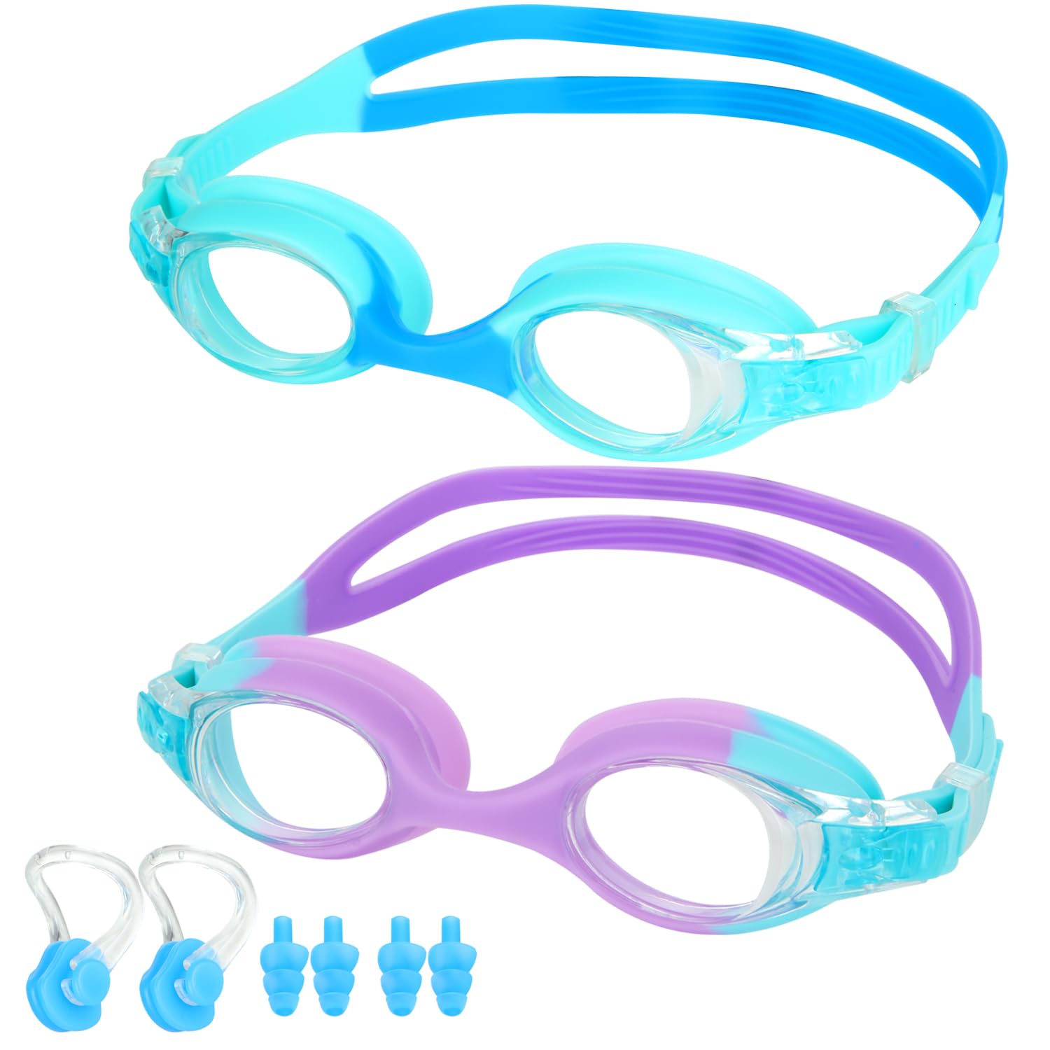 Lychico Kids Swimming Goggles (2 Pack Kids Goggles Anti-Fog UV Resist Leak Proof Swimming Goggles for Kids Boys Girls (LakeBlue&Blue/LakeBlue&Purple)