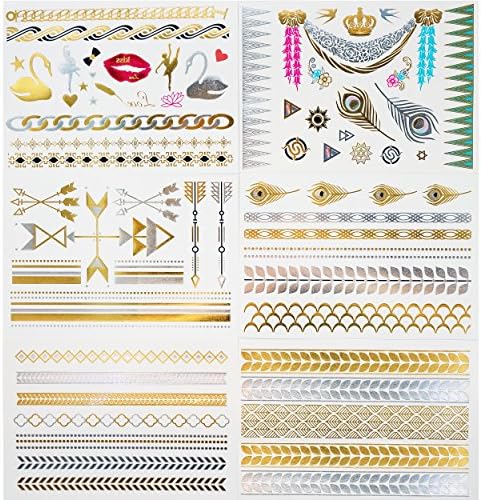 GIFT!!! Tastto 6 Sheets Jewelry Metallic Gold Silver Temporary Tattoos for Women &amp; Girls with GIFT