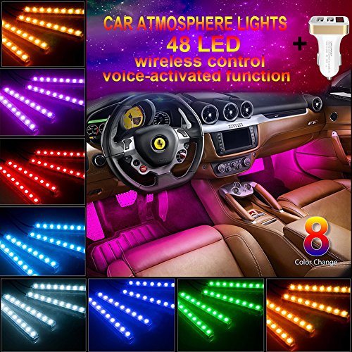 Car LED Strip Lights, MATIXING 4pcs 48 LED Car Interior Music Light Multicolor Music Control Wireless Remote Control，Dual Smart USB Ports Car Charger