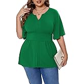 Beauhuty Women's Plus Size Shirts V Neck Loose Tops Ruffle Short Sleeve Blouse Casual Work Trendy Dressy Slit Hem Tunic