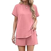 IWOLLENCE Womens 2 Piece Sets Summer Lounge Set Casual Short Sleeve Round Neck Tops and Elastic Waist Short Outfits Tracksuit