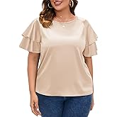 ZOMVA Women's 2024 Plus Size Satin Blouse Short Ruffle Sleeves Silk Top Dressy Shirt Office Elegant