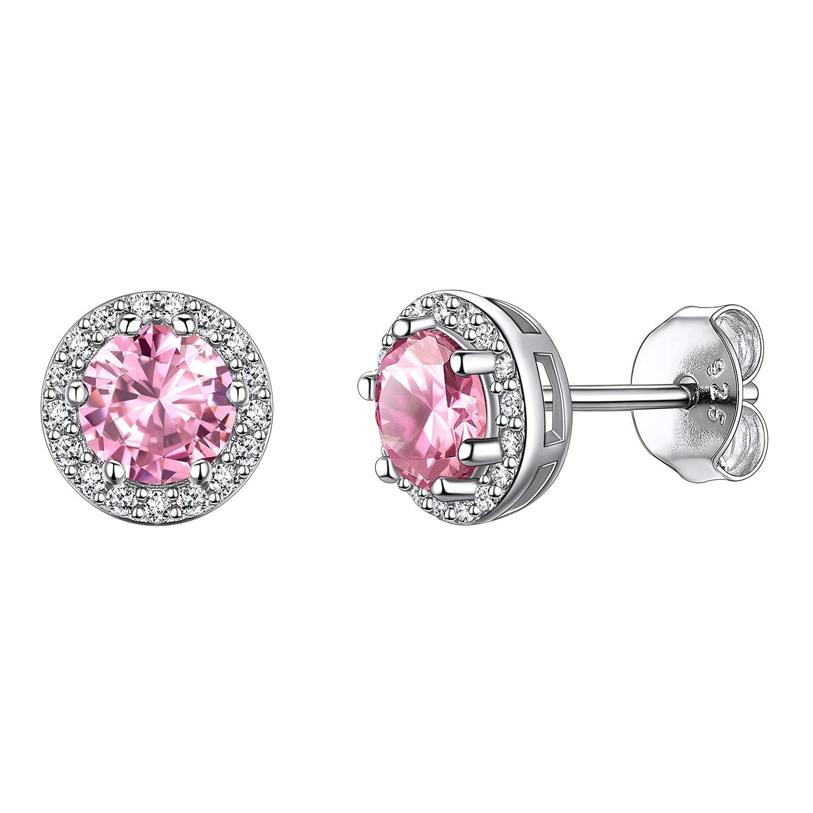 925 Sterling Silver Round Brilliant Cut Cubic Zirconia CZ Stud Earrings Dainty Small Comfortable Simulated Pink Tourmaline October Birthstone Hypoallergenic Earrings for Women Girls Teens