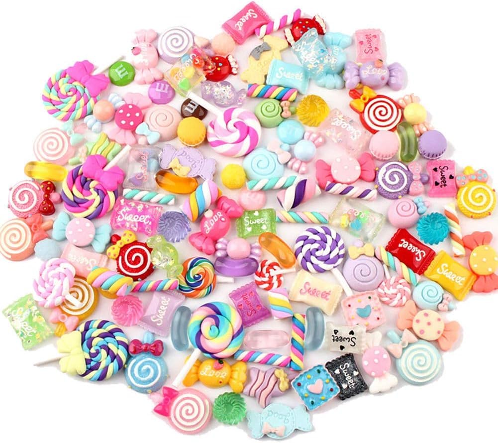 YAYY 100pcs Mixed Candy Sweets Slime Charms Set Cute Resin Flatback Slime Beads Making Supplies for DIY Scrapbooking Crafts, Assorted Colors and Shapes