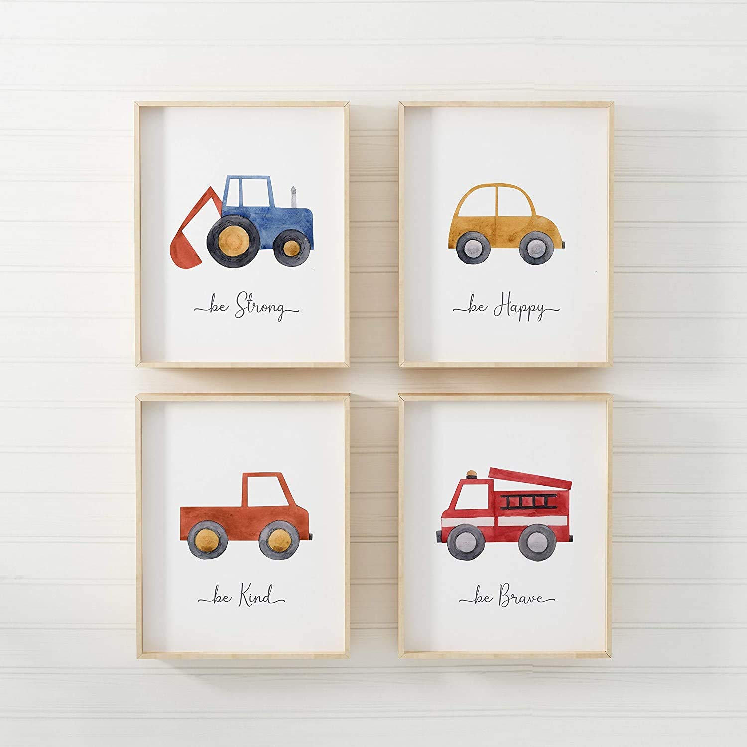 Pompom Prints® Watercolour Cars Children's Nursery Bedroom Wall Art Picture Prints + Inspirational Quotes Poster for Baby Boy | Set of 4 [Picture Frames NOT Included] (4 Prints, Set 1, 8x10 Inch)