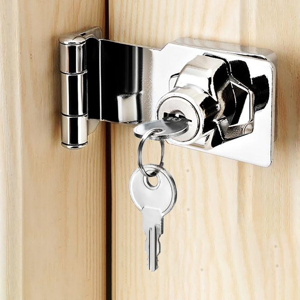 Litensh Keyed Hasp Lock Right Angle 90 Degrees Lock Hasp Twist Knob Keyed Locking Hasp Shed Locks Door Clasp Door Bolt Latch Buckle Hasp with Padlock Keys for Cupboard (Silver Right Angle 3 Inch)