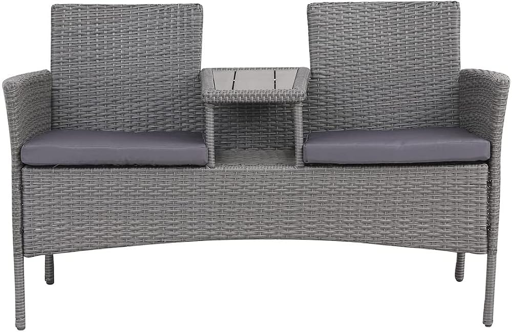 EVRE Lisbon Rattan 2 Seater Bench with Table Outdoor Garden Furniture