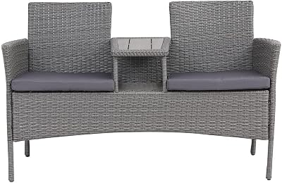 EVRE Lisbon Rattan 2 Seater Bench with Table Outdoor Garden Furniture