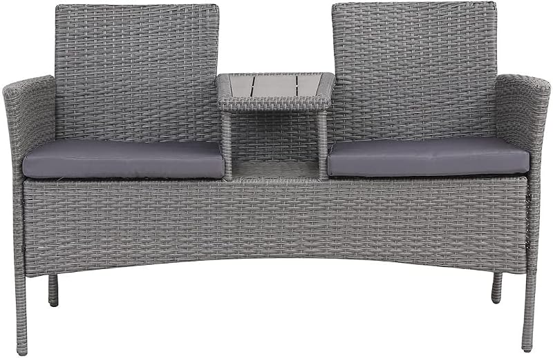 EVRE Lisbon Rattan 2 Seater Bench with Table Outdoor Garden Furniture