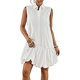 Bsubseach Womens Casual Summer Dresses Sleeveless Linen Bubble Mini Short Dress Button Down Shirt Sundress with Pockets