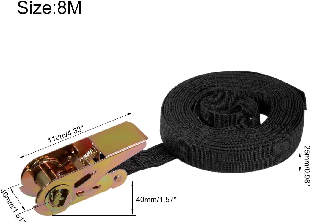 sourcing map Ratchet Tie Down Lashing Strap 1" x 26Ft 550lb 250Kg Load Polypropylene for Moving Securing Cargo Black, Pack of 2 - Image 3