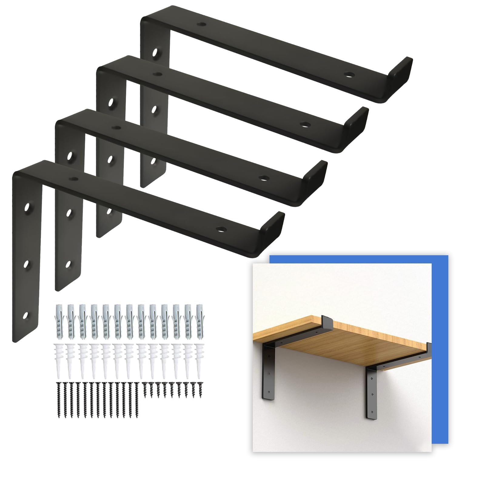 4Pcs Heavy Duty Shelf Brackets, Up Brackets for Wooden Wall Shelves, Industrial Shelf Bracket L Shape Right Angle Corner Bracket, Black Metal Shelf Bracket with Matching Screw and Anchors (7.25 inch)