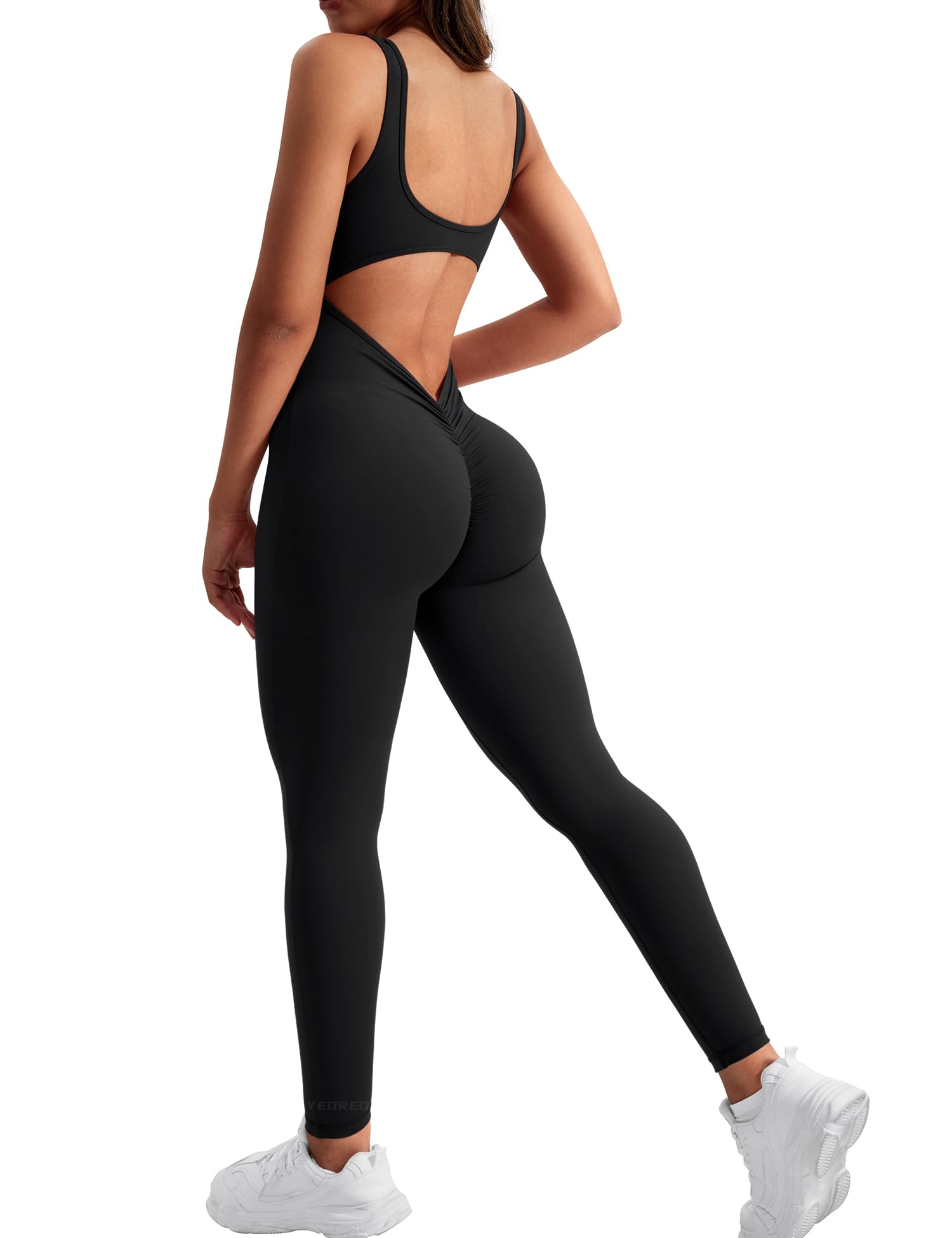 Photo 1 of YEOREO Sleeveless Jumpsuits for Women Sexy Backless Gym Bodycon Lizvette V Back Scrunch Butt Rompers Black XS