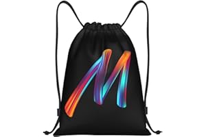 Pazacon Drawstring Bags Initial Drawstring Backpack Sackpack Black Draw String Cinch Bags for Sports, Gym, Travel, Swimming, Beach, Camping, Rainbow Letter M