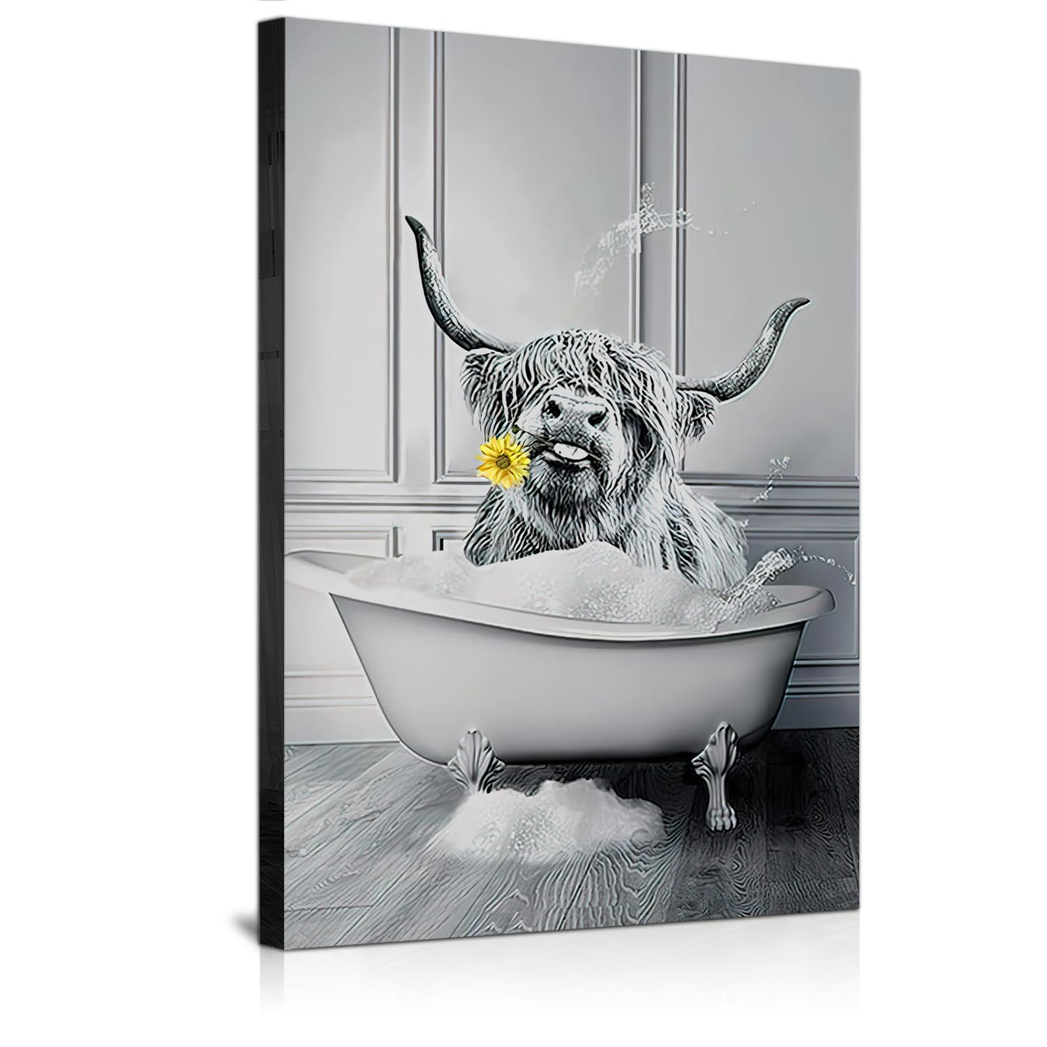 JNAOZI Bathroom Black and White Canvas Painting, Black White Vintage Canvas Pictures, Bathtub Animal Print Canvas Painting Poster, Without Frame (F2, 40 x 60 cm x 1)