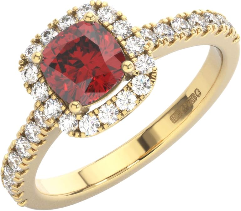 1.50 Ct Pave Set Round Brilliant & Ruby Cushion Halo Engagement Ring in
