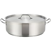 Winco 15 qt Stainless Steel Brazier Pan with Lid | Flat bottom, Wide base, Riveted handles, Induction safe, Great for Braising, Simmering, Batch Cooking and Restaurant Kitchens