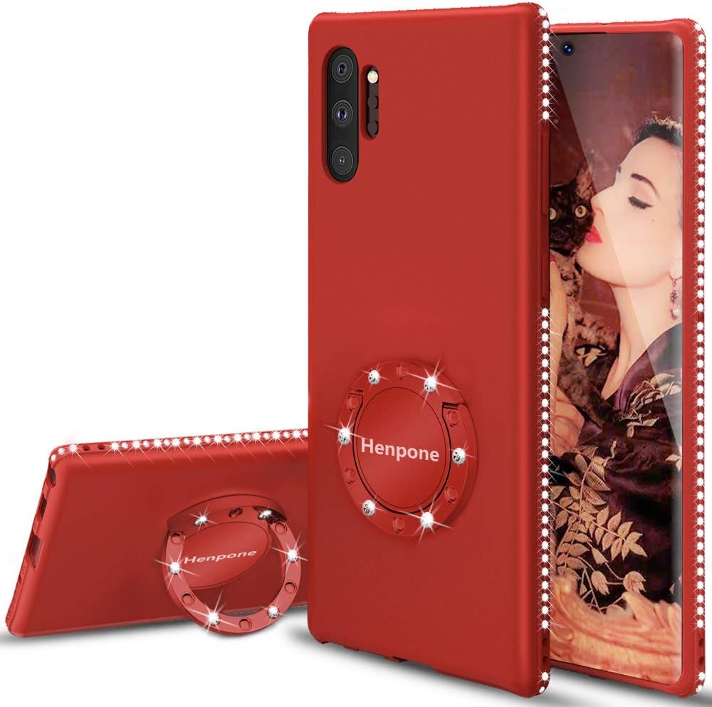 Henpone Galaxy Note 10 Plus Case, Case for Samsung Galaxy Note 10 Plus/10+ 5G 6.8" (2019) with Kickstand Ring Holder Rhinestone Diamond Sparkle Bling Glitter Cute Cover for Woman Girls - Red
