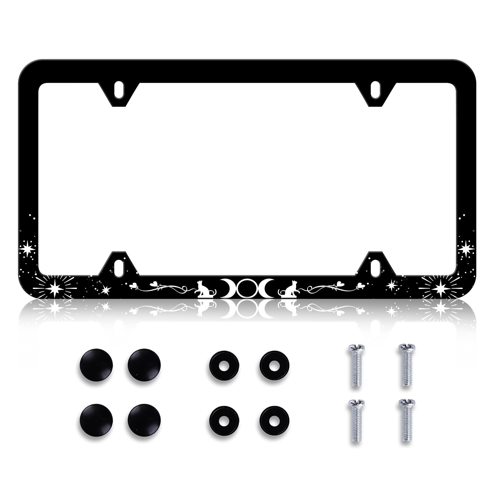 Photo 1 of LIN KANG Triple Goddess Symbol License Plate Frame Funny Moons Cat License Plate Holder Universal Stainless Steel Auto Parts Rust-Proof Waterproof Car Decorative Tag Frame for Standard US 12x6 Inch