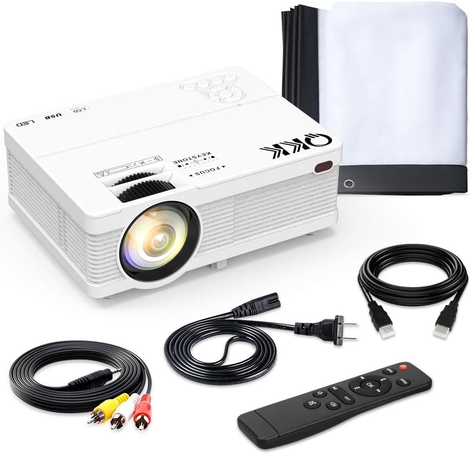 QKK Mini Projector 5500Lumens Portable LCD Projector [100" Projector Screen Included] Full HD 1080P Supported, Compatible with Smartphone, TV Stick, Games, HDMI, AV, Projector for Outdoor Movies: Electronics