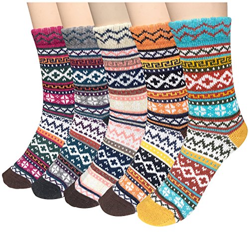 Loritta 5 Pairs Womens Vintage Style Winter Soft Warm Thick Knit Wool Crew Socks