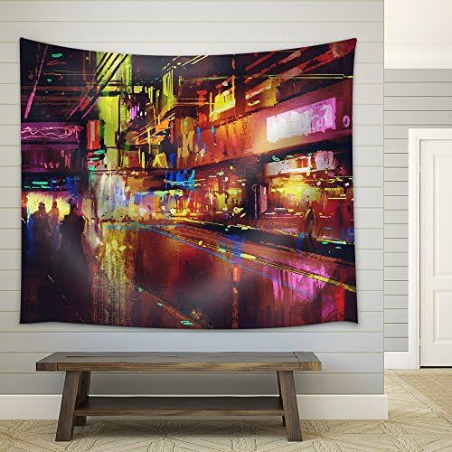 City Street with Illumination and Night Life Digital Painting Fabric Wall