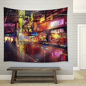City Street with Illumination and Night Life,Digital Painting - Fabric Wall Tapestry Home Decor - 51x60 inches
