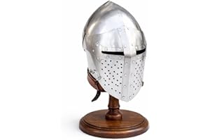 Medieval Steel Bascinet Knight Helmet With Visor, Comfortable Cusion Leather Strap Buhurt Helmet for Costume Party,Silver XL