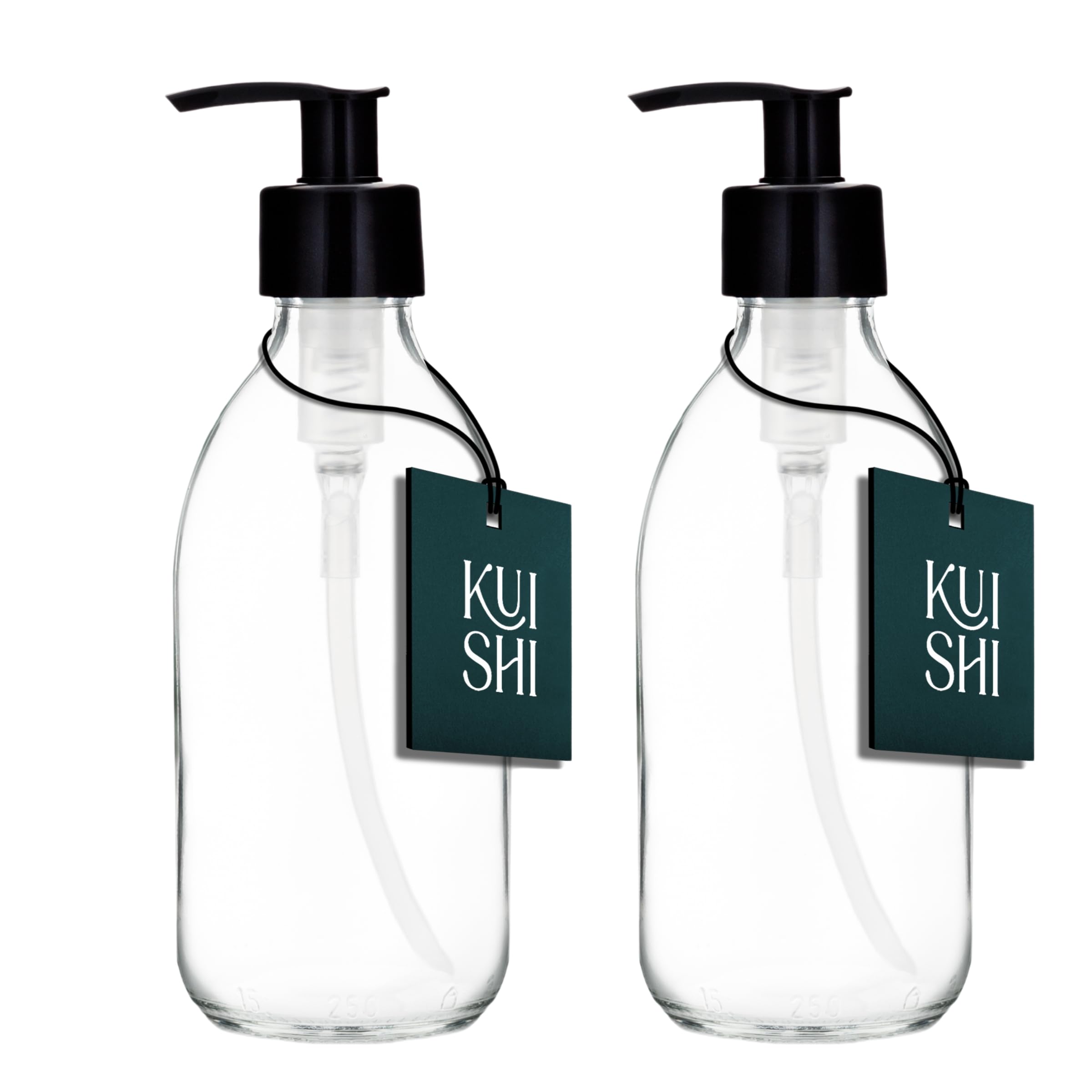 Kuishi 250ml Glass Soap Dispenser with Black Plastic Pump - Pack of 2 Refillable BPA-Free Hand Soap Dispenser for Kitchen & Bathroom, Clear