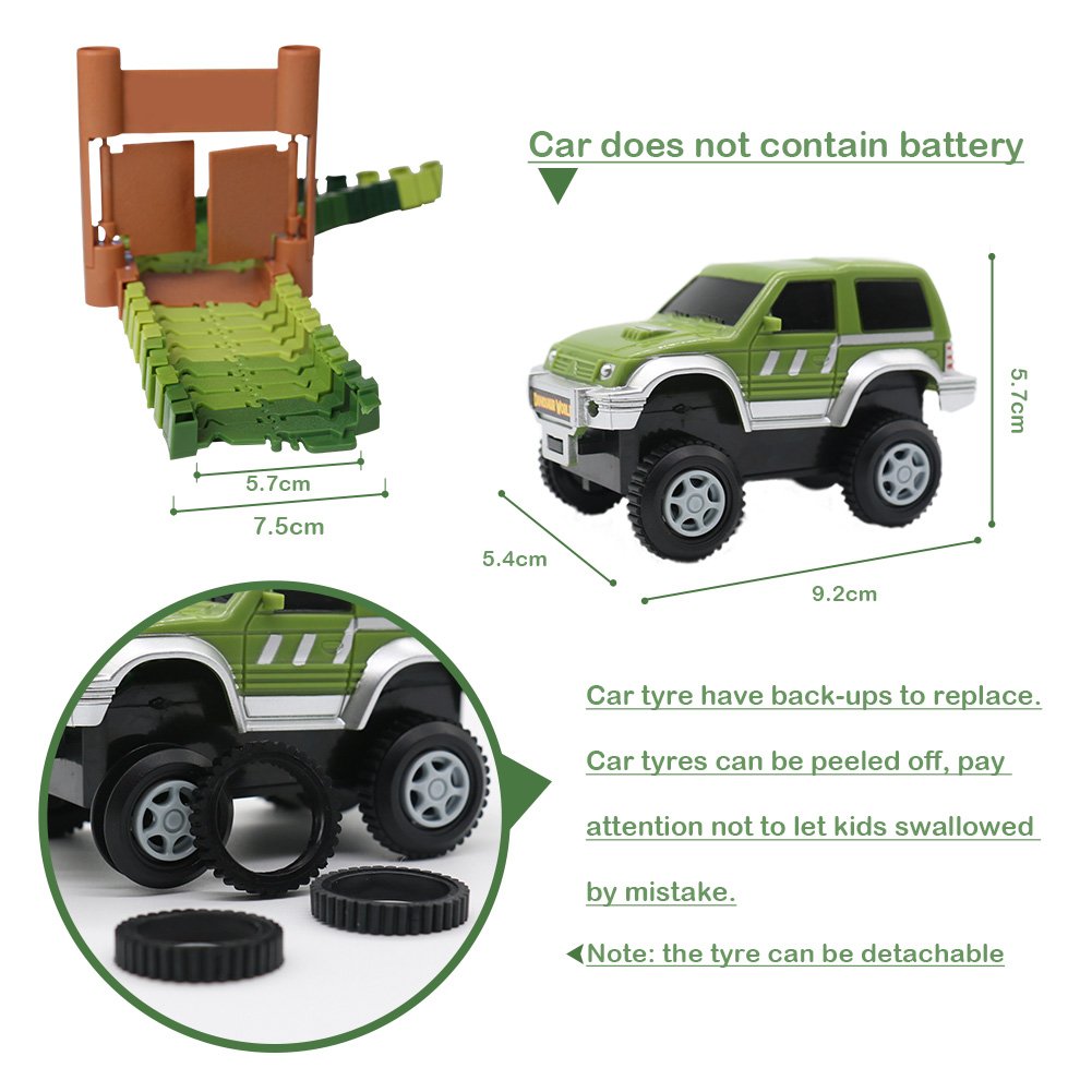 Nuheby Dinosaur Toys Car Racing with 142pcs Flexible Race Track Set -2Dinosaurs 1 Military Vehicles,4 Trees,2 Slopes,1 Door and 1 Bridge for Party Games 3 Year Old Girl&Boy Gifts