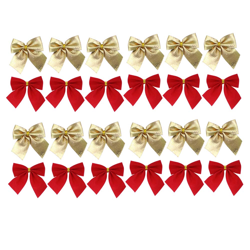 Qiuyan 24 Pieces 2" Ribbon Bows Small Christmas Bowknot Velvet Ribbon Bows Christmas Tree Decoration Set(Red and Gold)