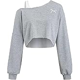 Remidoo Womens Off The Shoulder Cropped Sweatshirt Asymmetric Collar Patchwork Long Sleeve Pullover Top Grey X-Large