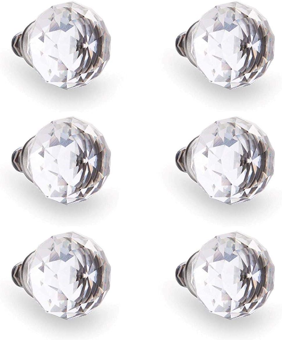 BINO 6-Pack Crystal Drawer Knobs - 1.25" Diameter (32mm), Satin Nickel - Dresser Knobs for Dresser Drawers Crystal Knobs and Pulls Handles