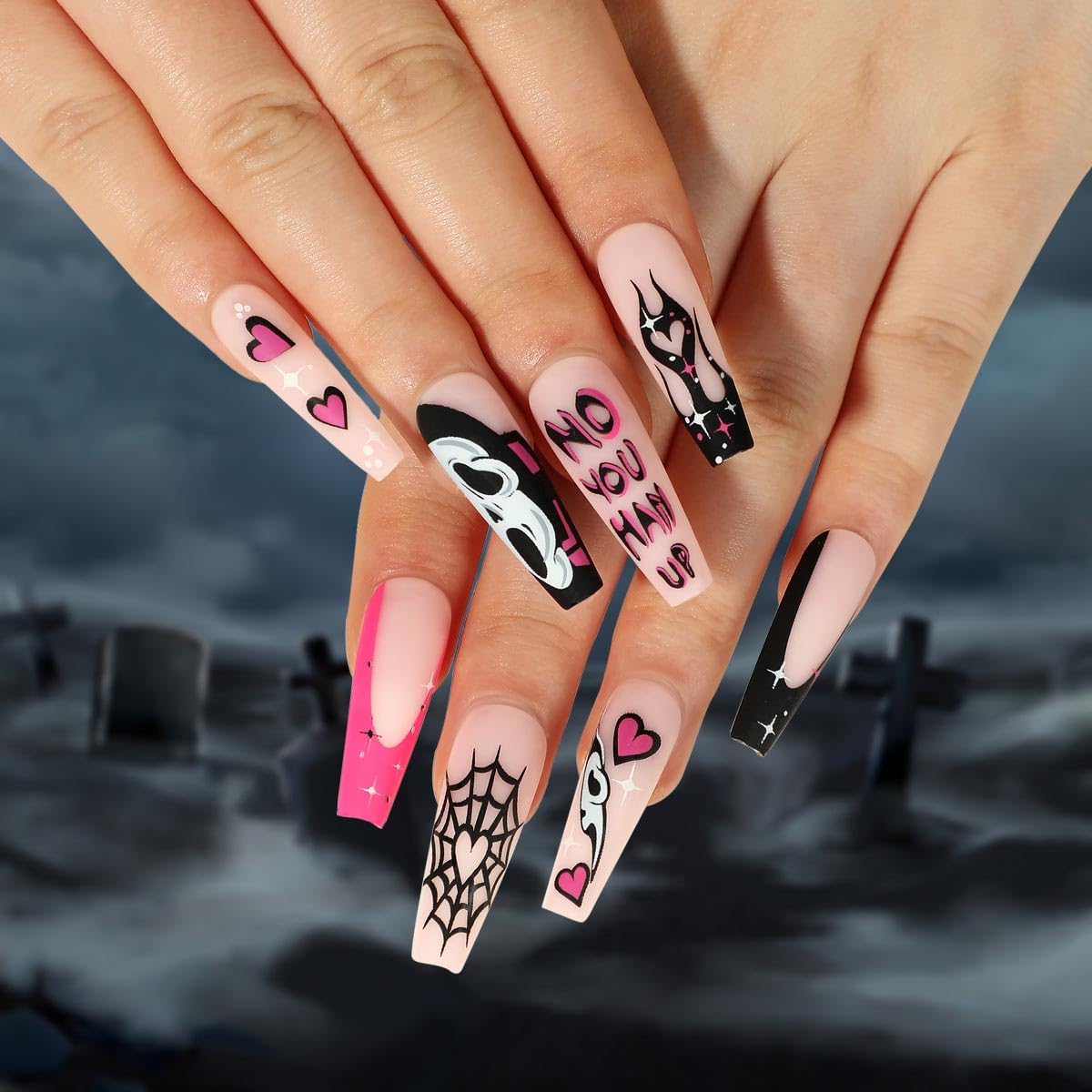 Clataly Halloween Demon Pumpkin Ghost Bloody Heart Flowing Clown Fake Nails Stars Moon Artificial Nails Press On False Nails (E)
