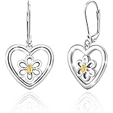 S925 Sterling Silver Daisy Flower Hoop Earrings Yellow CZ Heart Floral Dangle Hook Earrings Dainty Drop Leverback Earrings Hypoallergenic Jewelry Gifts for Daughter Birthday Wedding