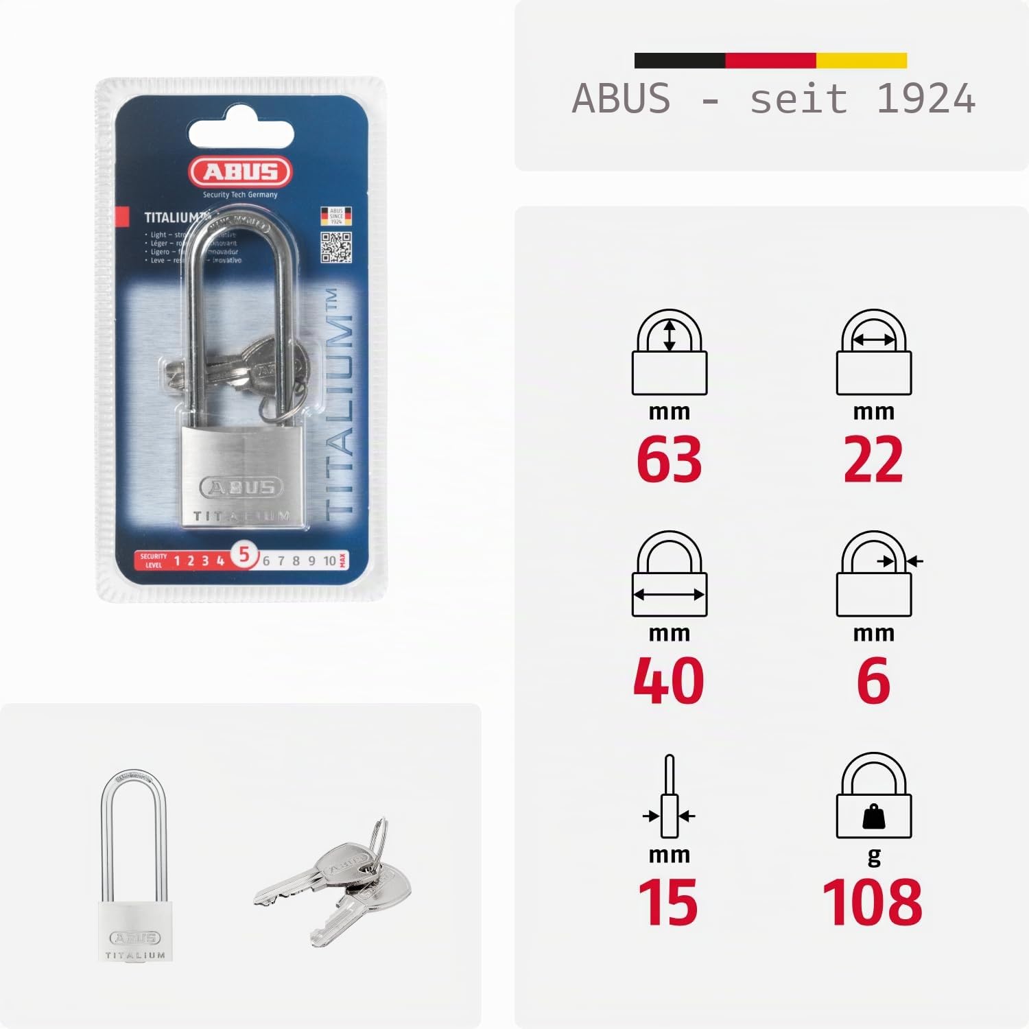 ABUS Vorhängeschloss Titalium 64TI/40HB63 mit hohem Bügel - Kellerschloss mit Schlosskörper aus Spezial-Aluminium - gehärteter Stahlbügel - ABUS-Sicherheitslevel 5 5