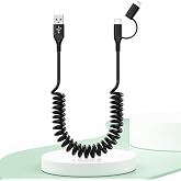 USB to USB-C and Lightning Cable 2 in 1 Support Apple Carplay &amp; Android Auto [MFi Certified] 3A Fast Charge &amp; Data Sync,Short Coiled Lightning and USB C Cable for iPhone 16/15/14/13/12/Android-Black