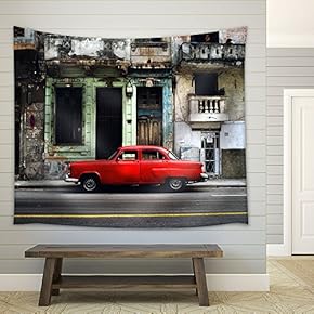Vintage Red Car Parked in Front of Old Building - Fabric Wall Tapestry Home Decor - 51x60 inches