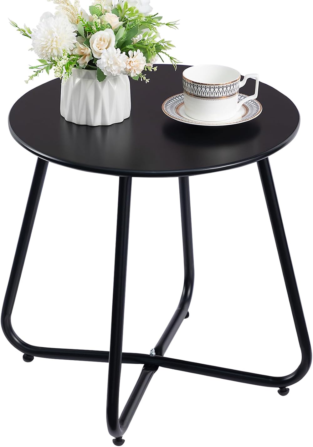 HollyHOME Outdoor Round Side Table Metal Patio Table Black 45cm
