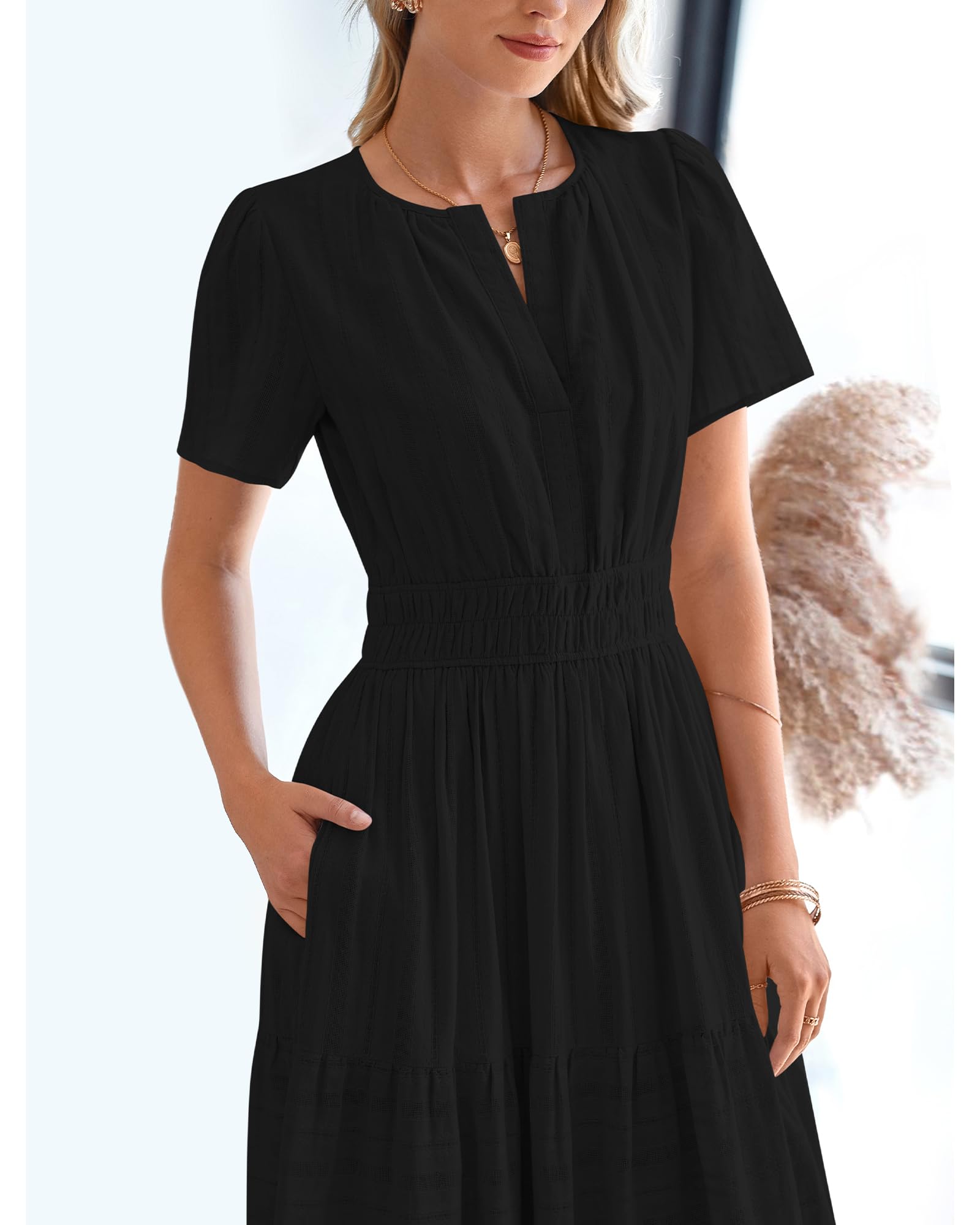 BTFBM Womens Summer 2025 Casual Midi Maxi Dresses Lightweight Short Sleeve V Neck Elastic Waist Boho Beach Dress Pockets(Black, Medium) - Image 7