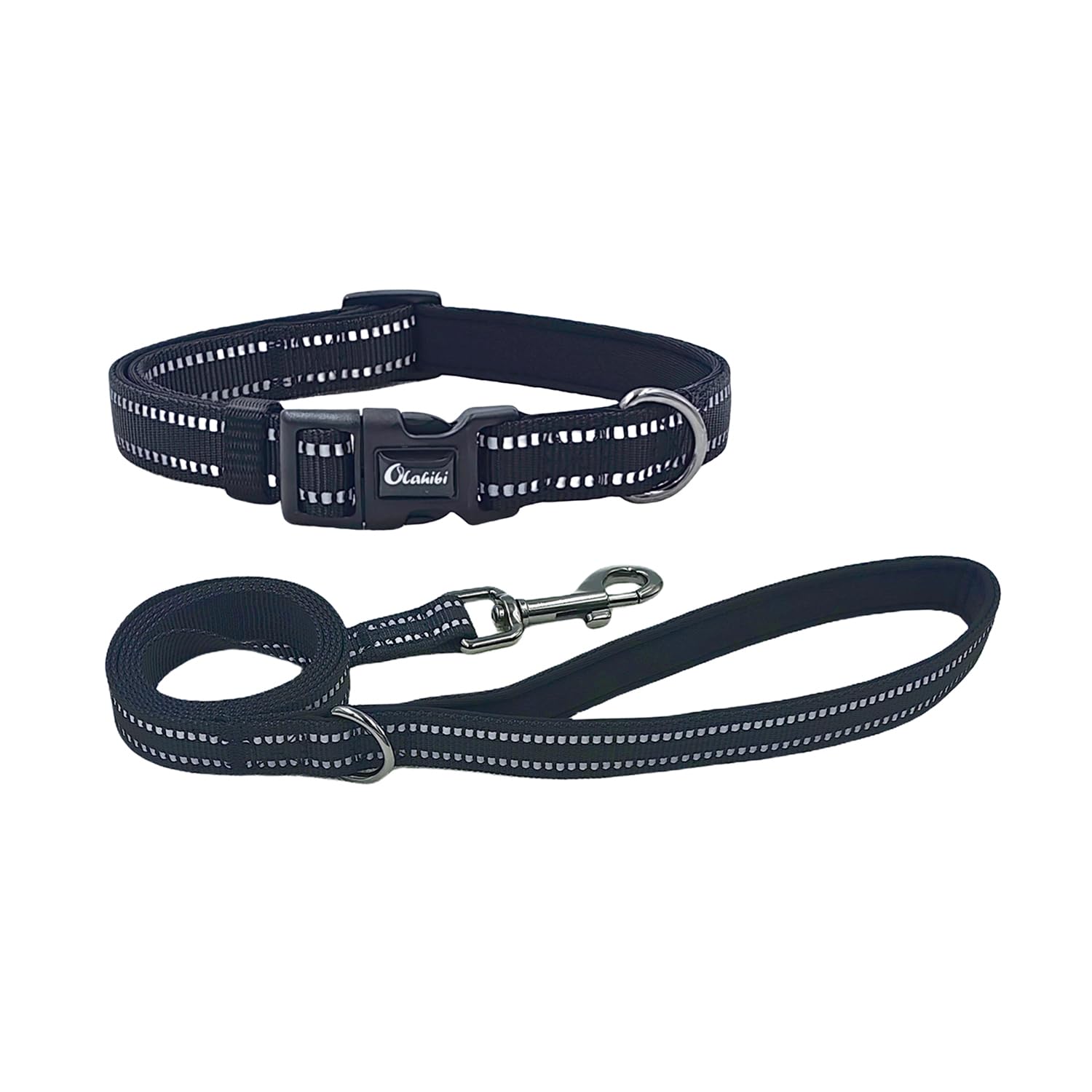 Olahibi Dog Collar and Leash Combo Set, Neoprene Padded, Polyester with Reflective Stripes, 150CM Matching Leash, for Medium Dogs.(M, Black)