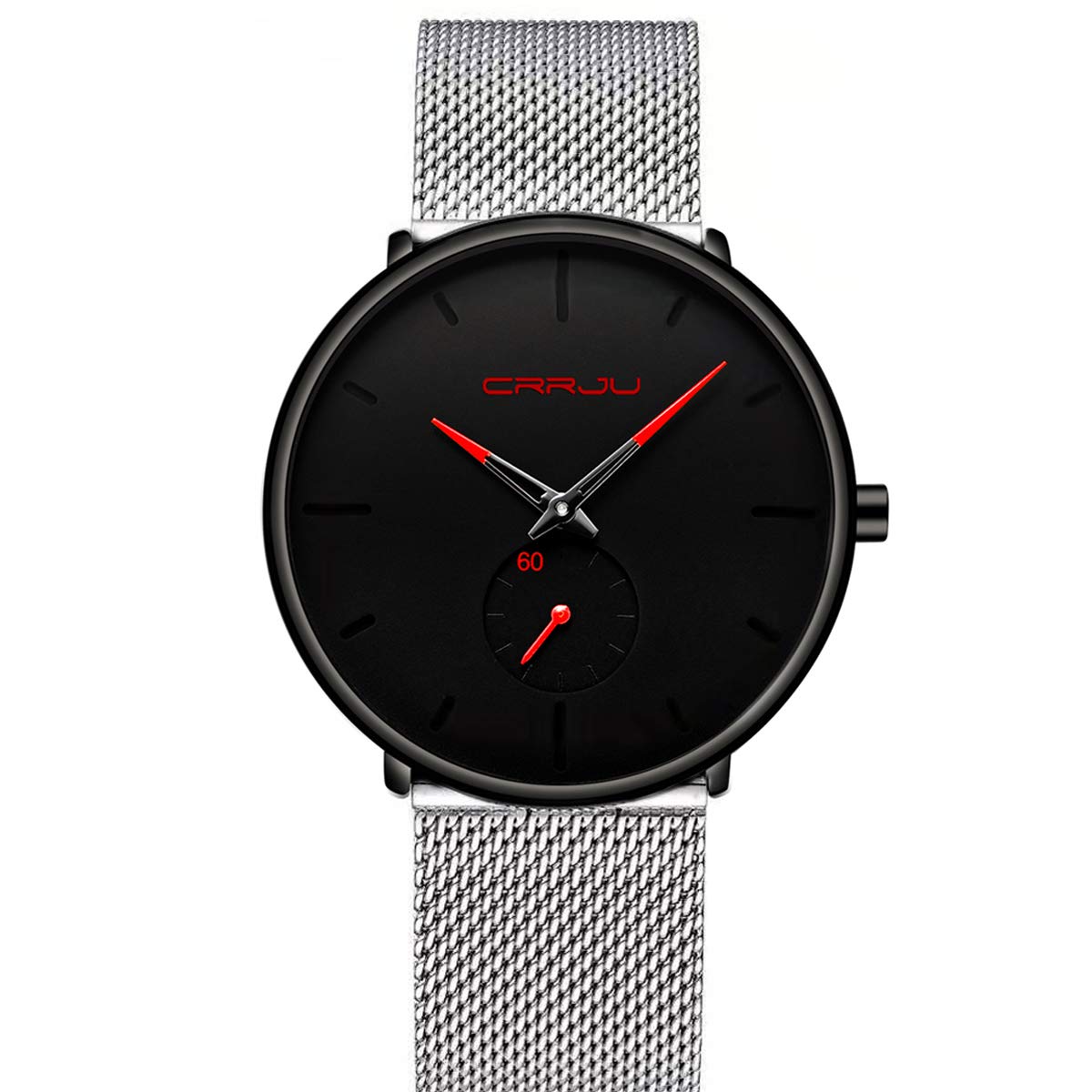 Mens Watches Ultra-Thin Minimalist Waterproof - Fashion Wrist Watch for Men Unisex Dress with Stainless Steel Mesh Band, Red silver, Modern minimalist style