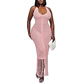 Tcremisa Womens Crochet Knit Maxi Dress Halter Backless Fringe Long Bodycon Dresses Summer Vacation Beach Cover Ups