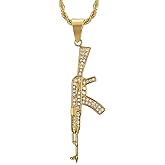 18K Gold Plated AK47 Gun Pendant Stainless Steel Necklace for Men, 24 Inch Chain Hip Hop Punk Rock Jewelry Army Style Gift
